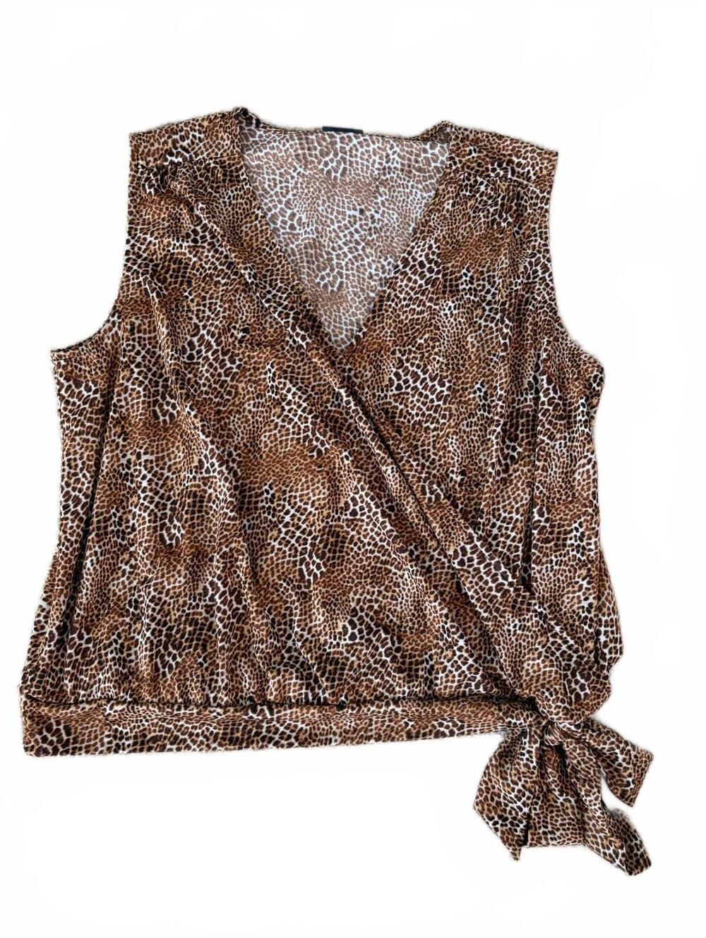 Worthington Blouse Womens XL Brown Leopard Print Sleeveless Wrap Tie Waist